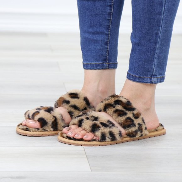 Leopard Tan Puff Fuzzy Fluffy Slip On Plush Slippers Double Strap - Picture 14 of 16